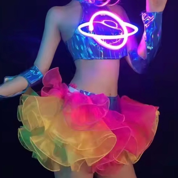 Holographic LED Light Up Planet Crop Pink, Blue Yellow Tulle Tutu Mini Dress Set - Picture 6 of 8